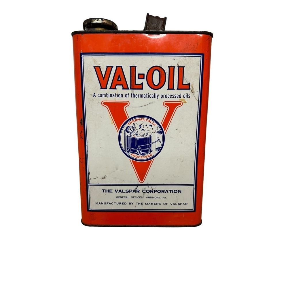 Vintage VAL-OIL Valspar One 1 Gallon Oil Can Service Station Advertising